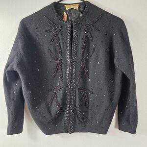 VTG John Wanamaker Beaded Angora Lambswool Sz L  Black Sparkle Flaw in liner